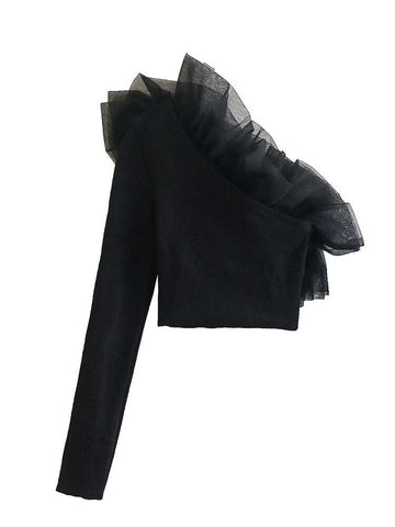 Yipinpay Ruffle Black Crop Top Women Asymmetric Knit Top Female Off Shoulder Long Sleeve Autumn Blouse Woman 2023 Organza Sexy Tops